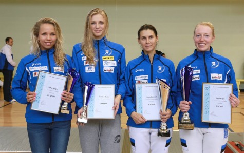  Eesti karikavõistluste naiste epee neli paremat, vasakult Erika Kirpu, Katrina Lehis, Irina Embrich ja Nelli Paju