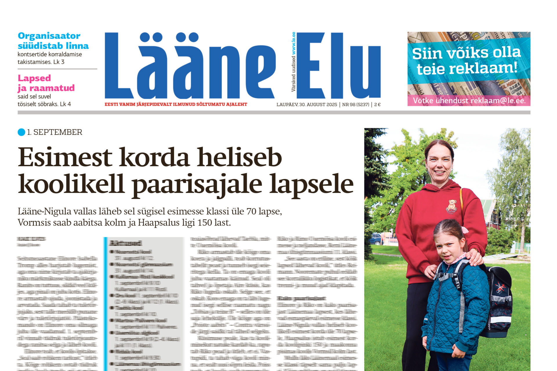 Lääne Elu paberleht laupäeval, 30. augustil