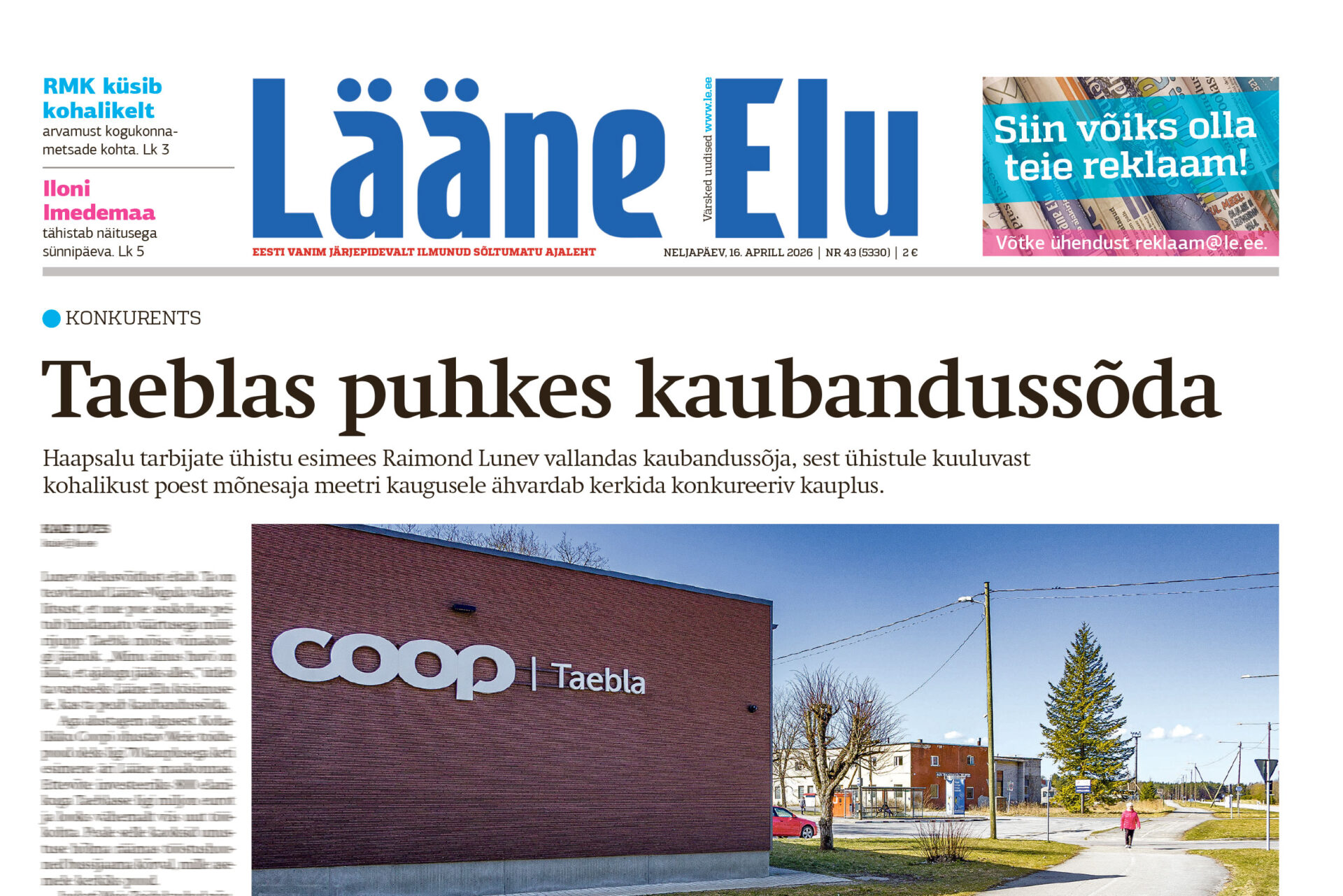 Lääne Elu paberleht neljapäeval, 16. aprillil