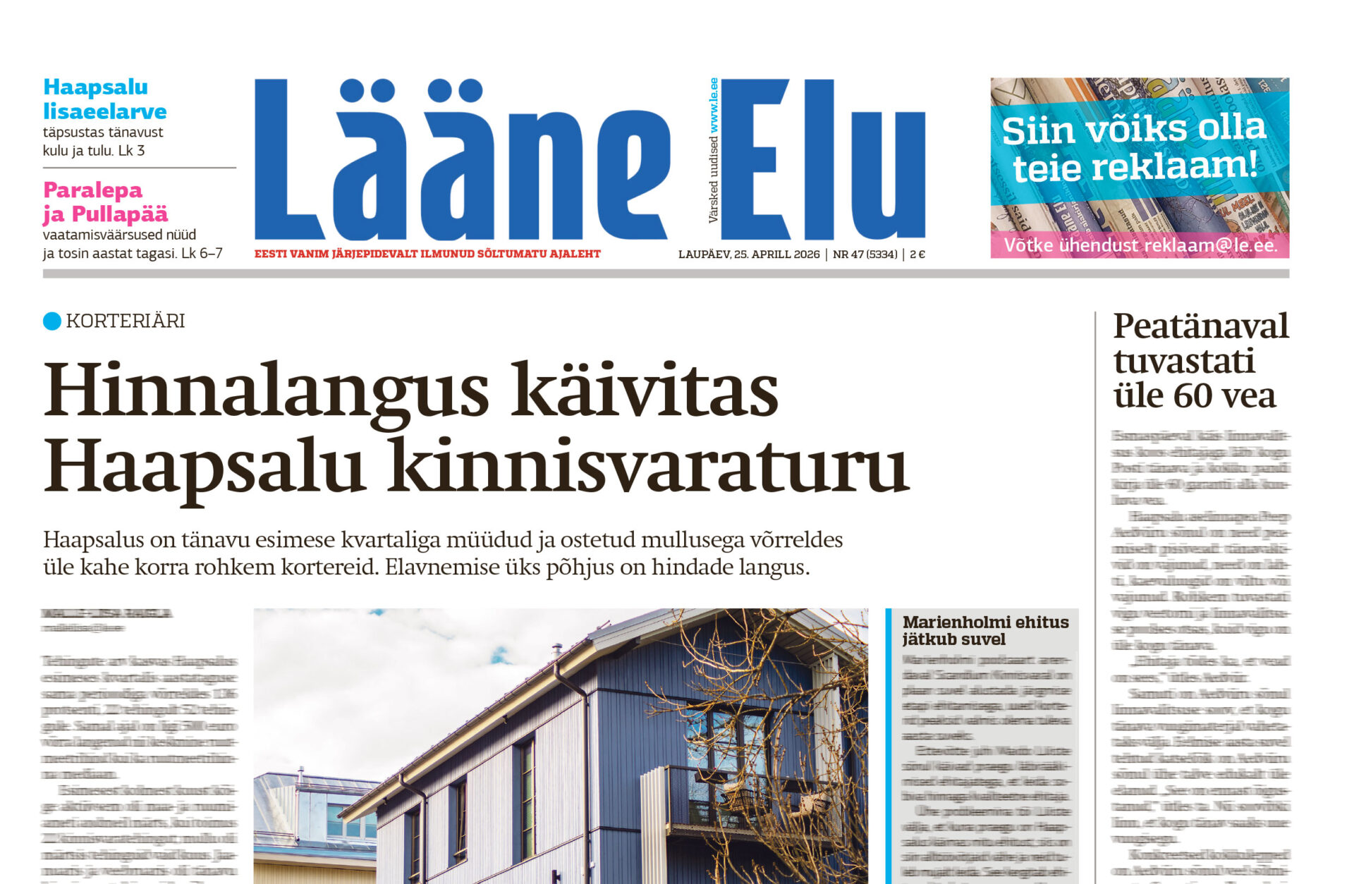 Lääne Elu paberleht laupäeval, 25. aprillil