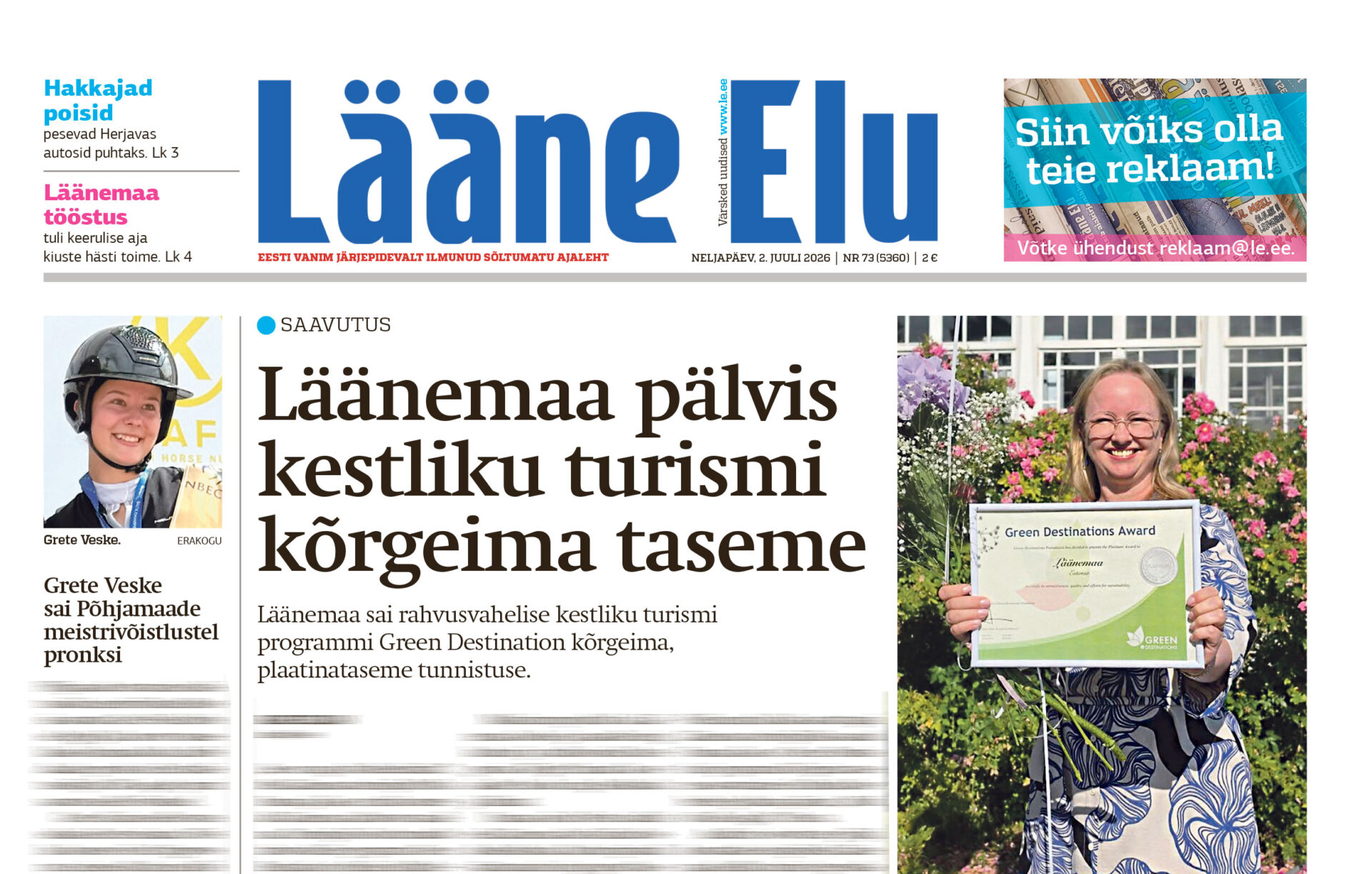 Lääne Elu paberleht neljapäeval, 2. juulil